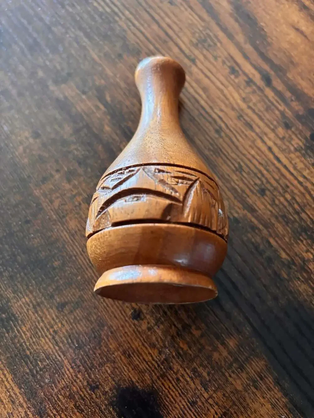 Hand Carved Wooden Bud Vase with Geometric Pattern